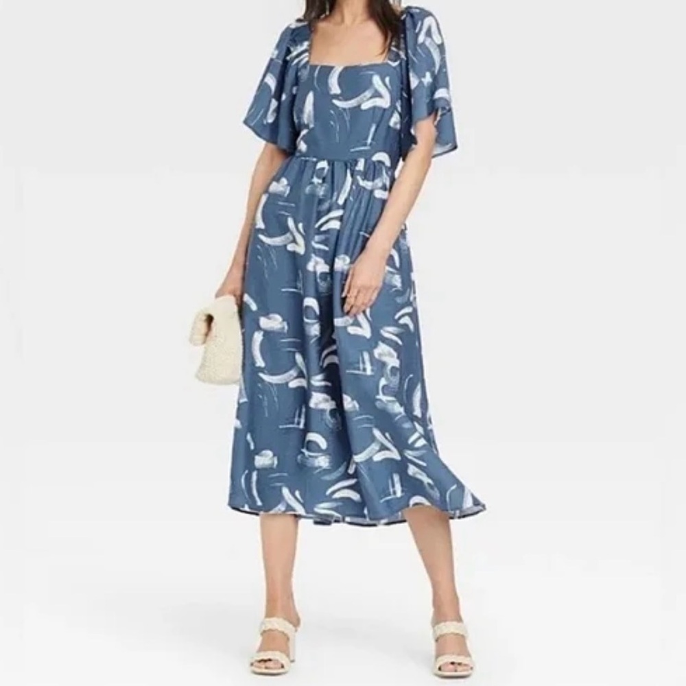 NWT A New Day XXL Blue White Tie Back Midi Dress Flutter Boho‎ Square Neck Dress